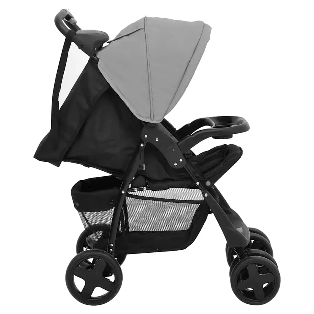 Poussette 2 en 1 gris clair noir acier avec fonction allongée et capote réglable, pliable, légère, compacte avec panier pour la marche, les voyages, la ville et le terrain
