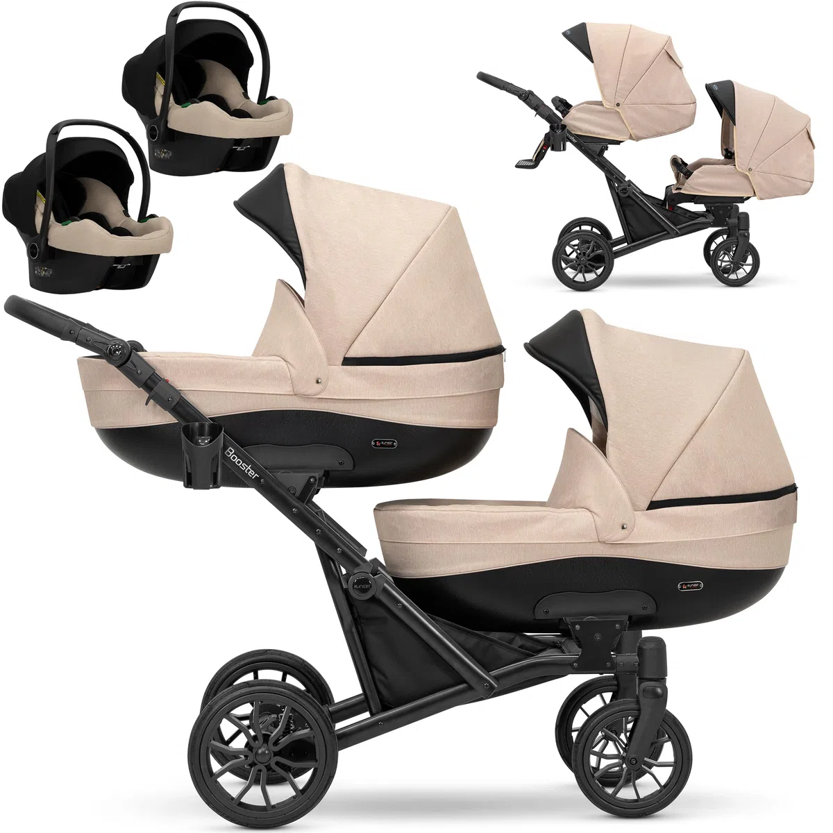 Une poussette jumelle 3 en 1 et 2 en 1 nacelle landau siège auto KUNERT Booster 3in1 et 2in1 poussettes (creme, 3in1 Cosmo)