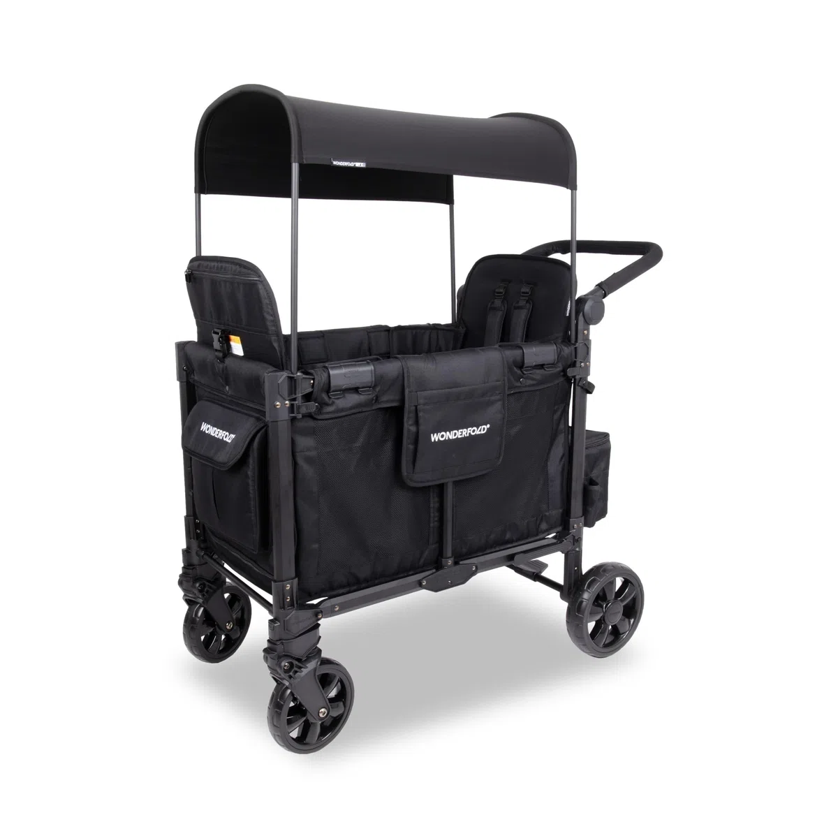 WONDERFOLD W2 Elite Pro Poussette (2 places) – Poussette pliable avec sièges avec harnais à 5 points, poignée de poussée réglable et pare-soleil réglable, noir de jais