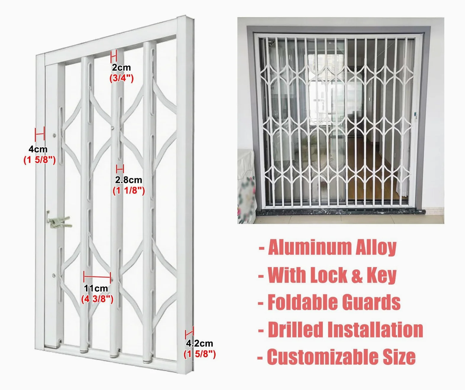 Barres de sécurité et grilles de sécurité pour porte coulissante – Garde-fenêtre verrouillables pour la sécurité de la maison et du bureau 60 x 200 cm – Design pliable – Protection intérieure et