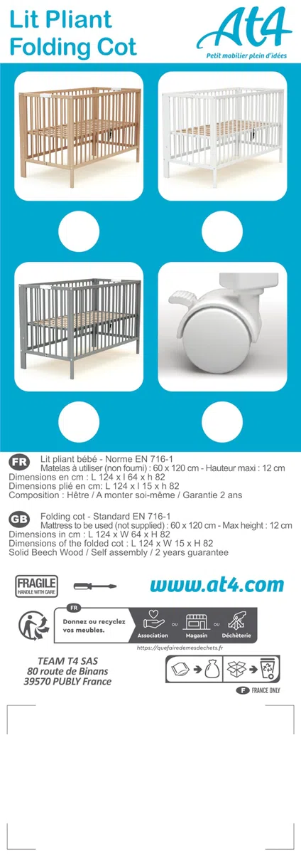 AT4 - Lit bébé Pliant 60x120 Essentiel Hêtre Verni | 124 x 64 x 82 cm | Lit Pliable | Sommier réglable 2 Niveaux intégré au lit (Blanc, Lit bébé)