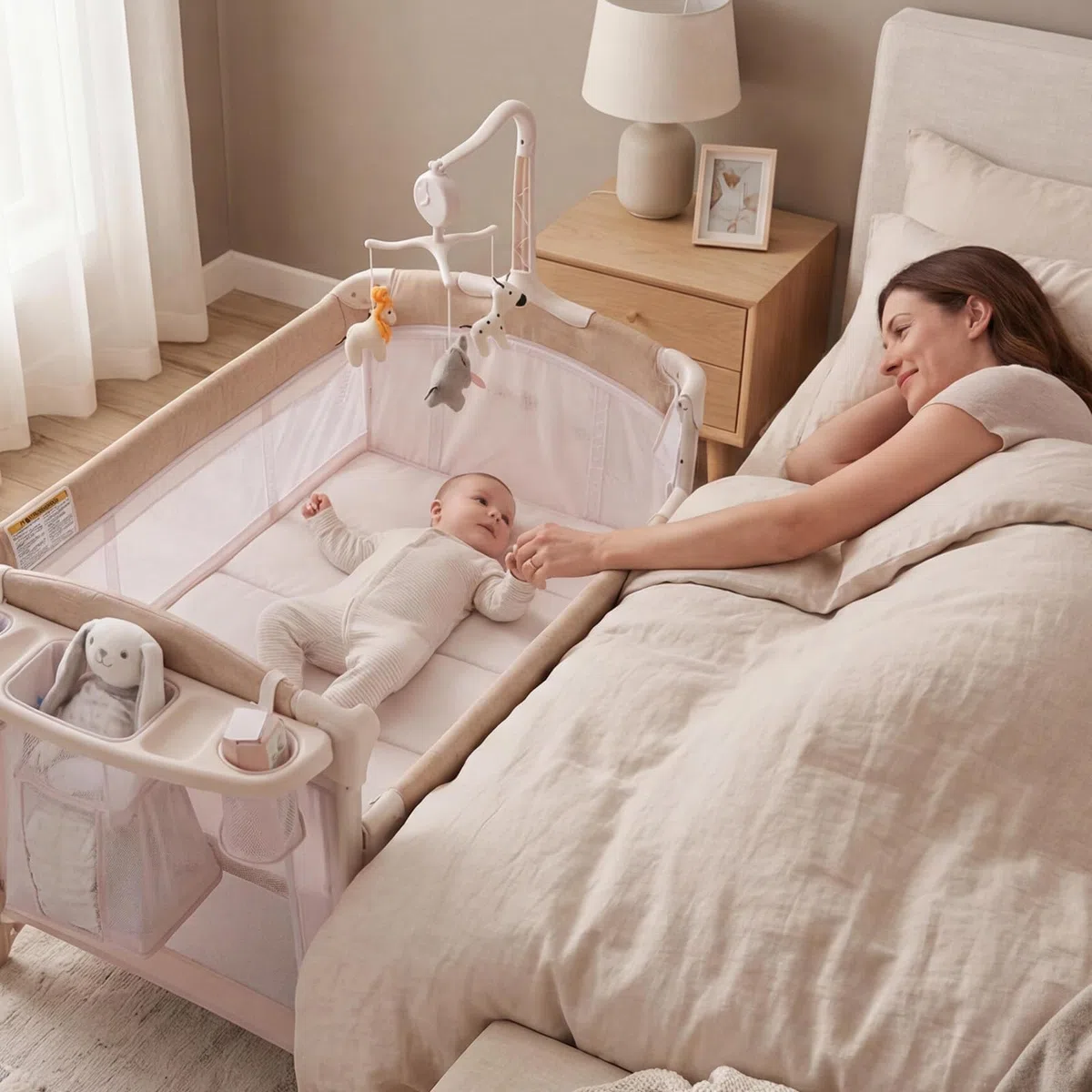 GarveeLife Lit bébé Multifonction 5-en-1 Pliable – Parc bébé avec Matelas, Table à Langer, Berceau cododo réglable, Mobile Musical, Deux Niveaux, Sac de Transport – Coloris Kaki européen à