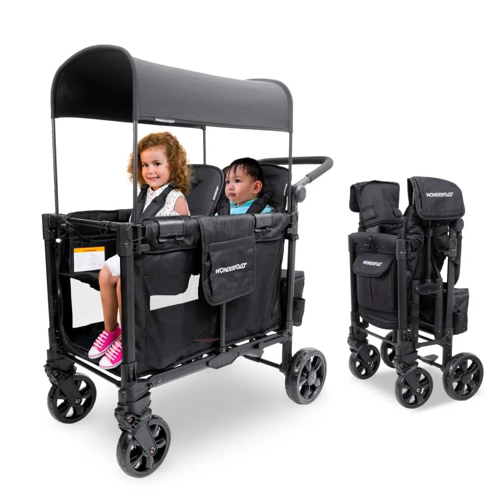 WONDERFOLD W2 Elite Pro Poussette (2 places) – Poussette pliable avec sièges avec harnais à 5 points, poignée de poussée réglable et pare-soleil réglable, noir de jais