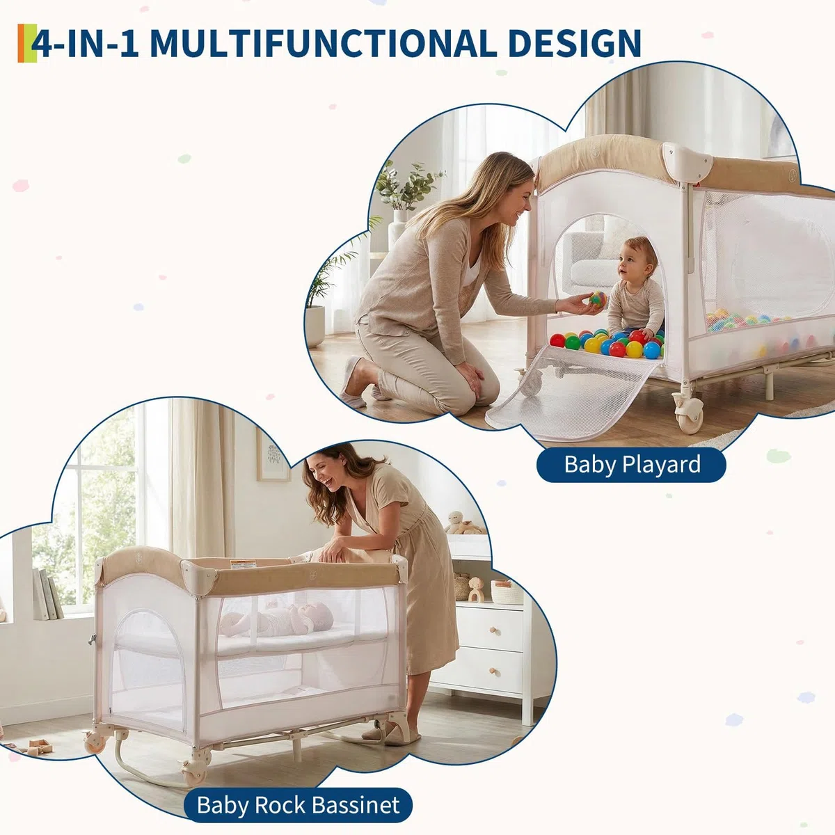 GarveeLife Lit bébé Multifonction 5-en-1 Pliable – Parc bébé avec Matelas, Table à Langer, Berceau cododo réglable, Mobile Musical, Deux Niveaux, Sac de Transport – Coloris Kaki européen à
