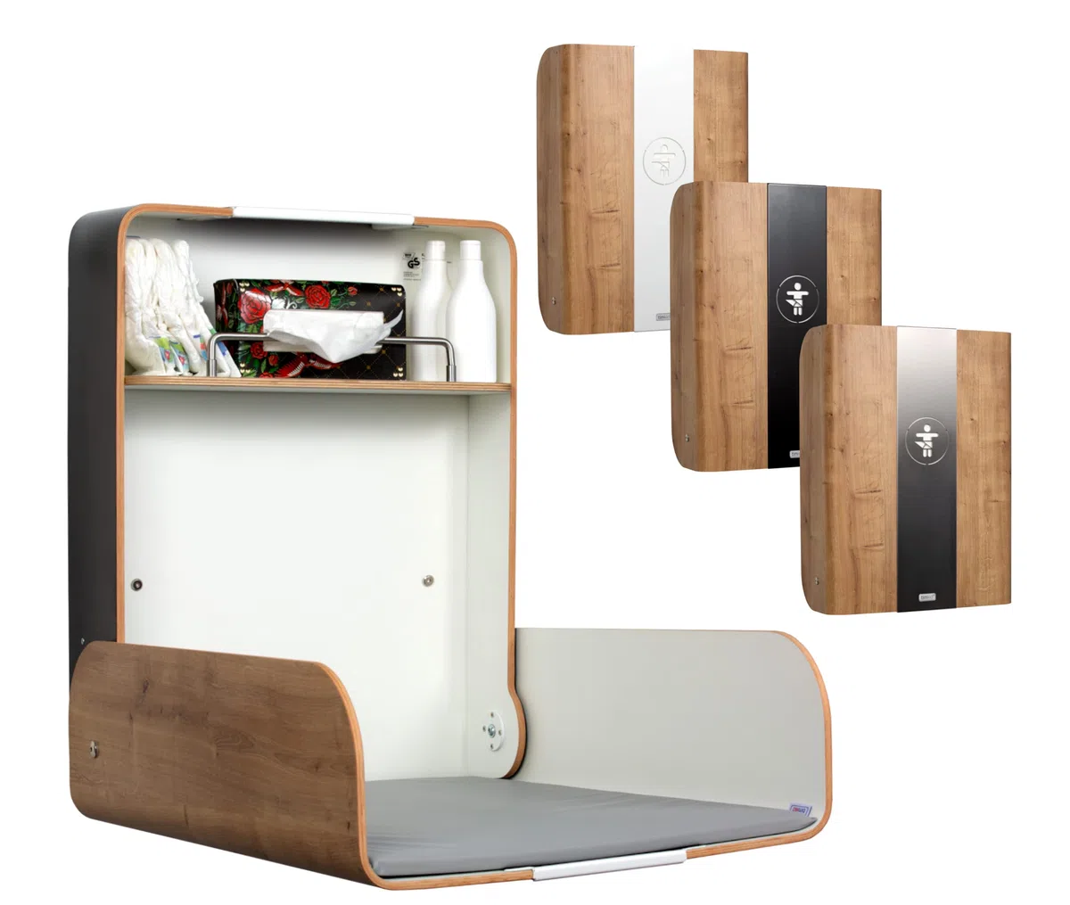 KAWAmidi Oak - Table à langer timkid - Certifié TÜV - Table à langer murale pliable et peu encombrante - Avec matelas à langer gris - Idéal pour les espaces publics et privés - Partie centrale blanche
