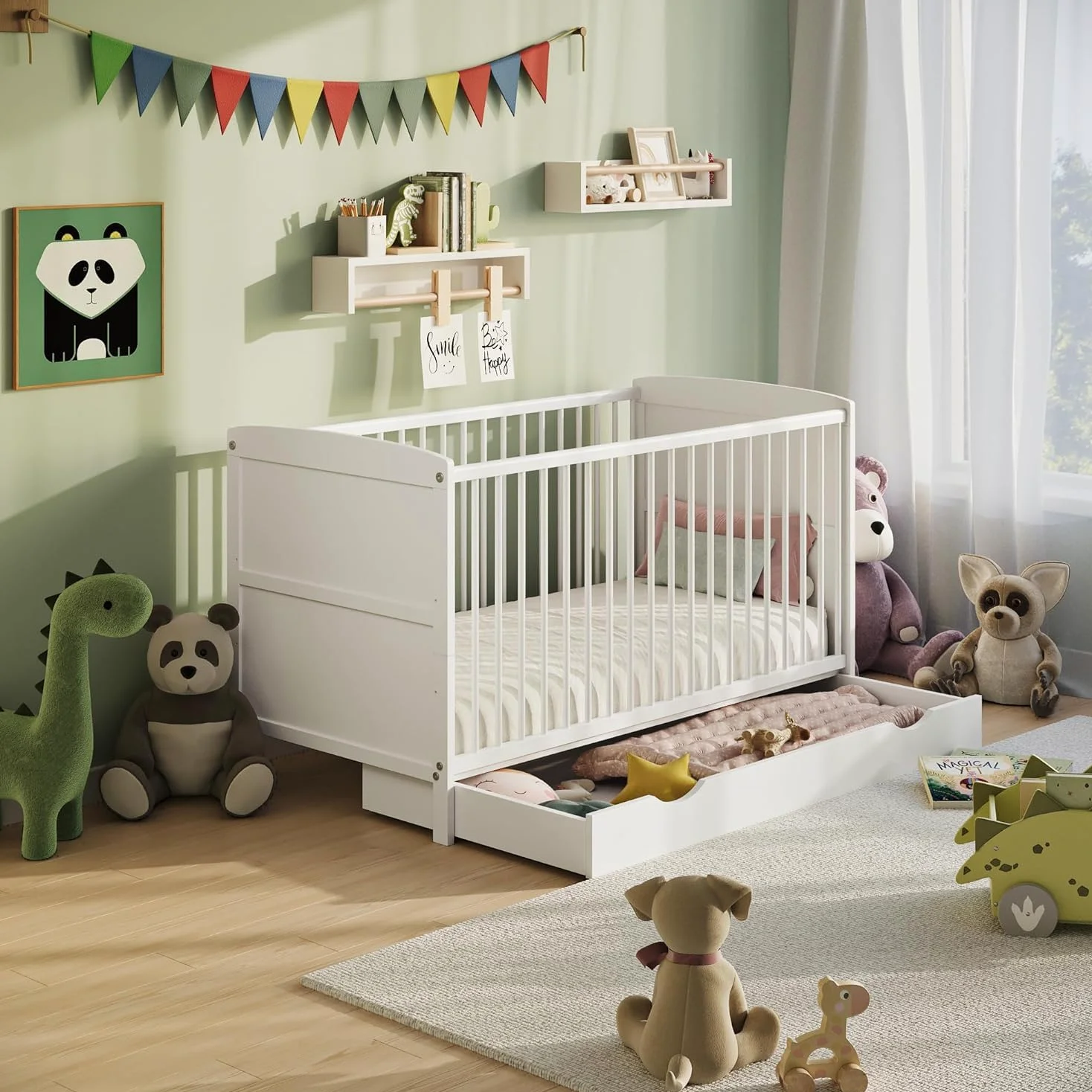Lit bébé 70 x 140 cm convertible avec tiroir et matelas, lit à barreaux, lit d'enfant, hauteur réglable et échelons amovibles | Autres dimensions : 60 x 120 cm | 70 x 140 cm : de la naissance à 6 ans