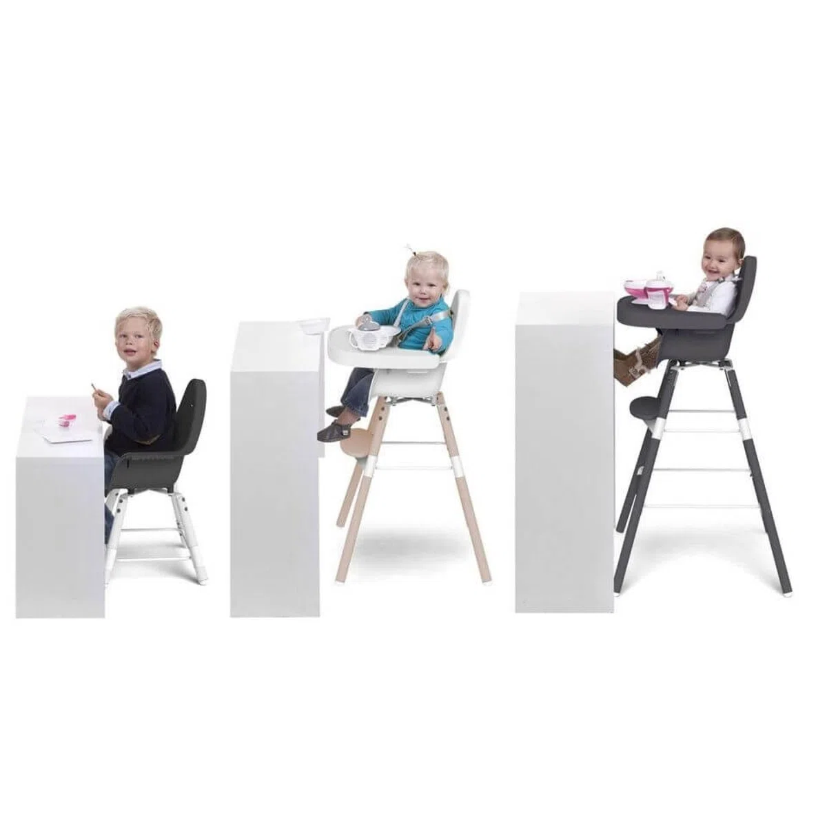 CHILDHOME, Chaise Haute Bébé/Enfant, Evolutive, Dès 6 mois, Réglable en Hauteur, Harnais 5 Points, Nombreux Accessoires, Compatible avec Transat Naissance Evolu, Bois de Hêtre, Evolu 2, Anthracite