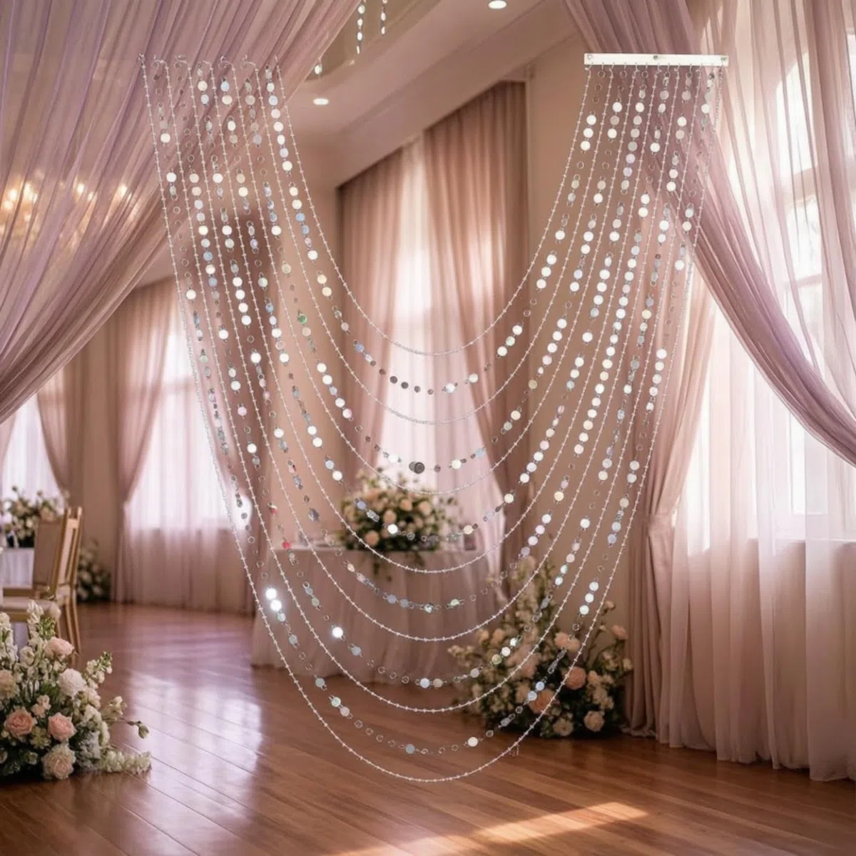 MERIGLARE Rideau de Plafond Événement Panneau, Hauteur Maximale 1,5 Mètre, Largeur Réglable, Perles De Terre + Paillettes Argentées