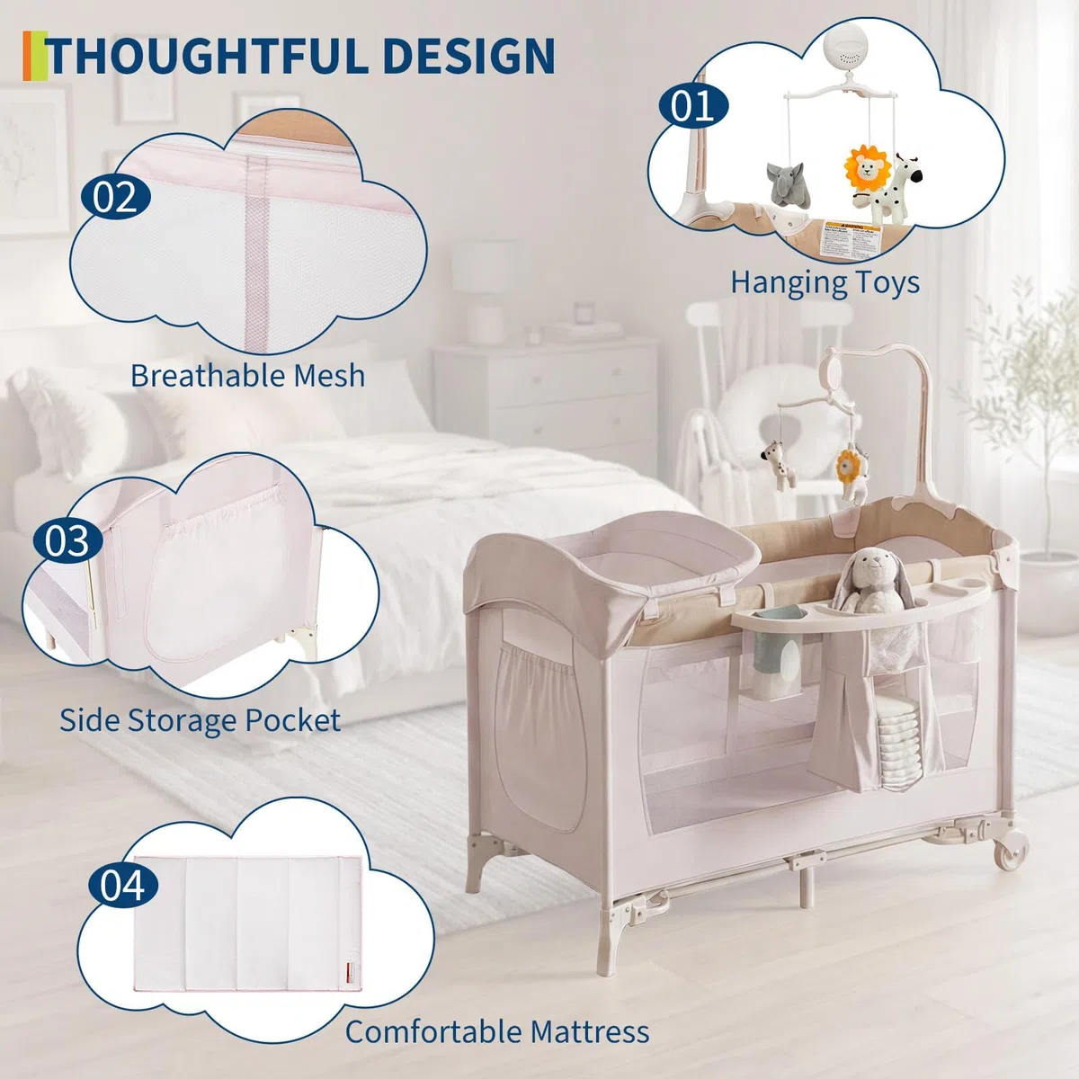 GarveeLife Lit bébé Multifonction 5-en-1 Pliable – Parc bébé avec Matelas, Table à Langer, Berceau cododo réglable, Mobile Musical, Deux Niveaux, Sac de Transport – Coloris Kaki européen à