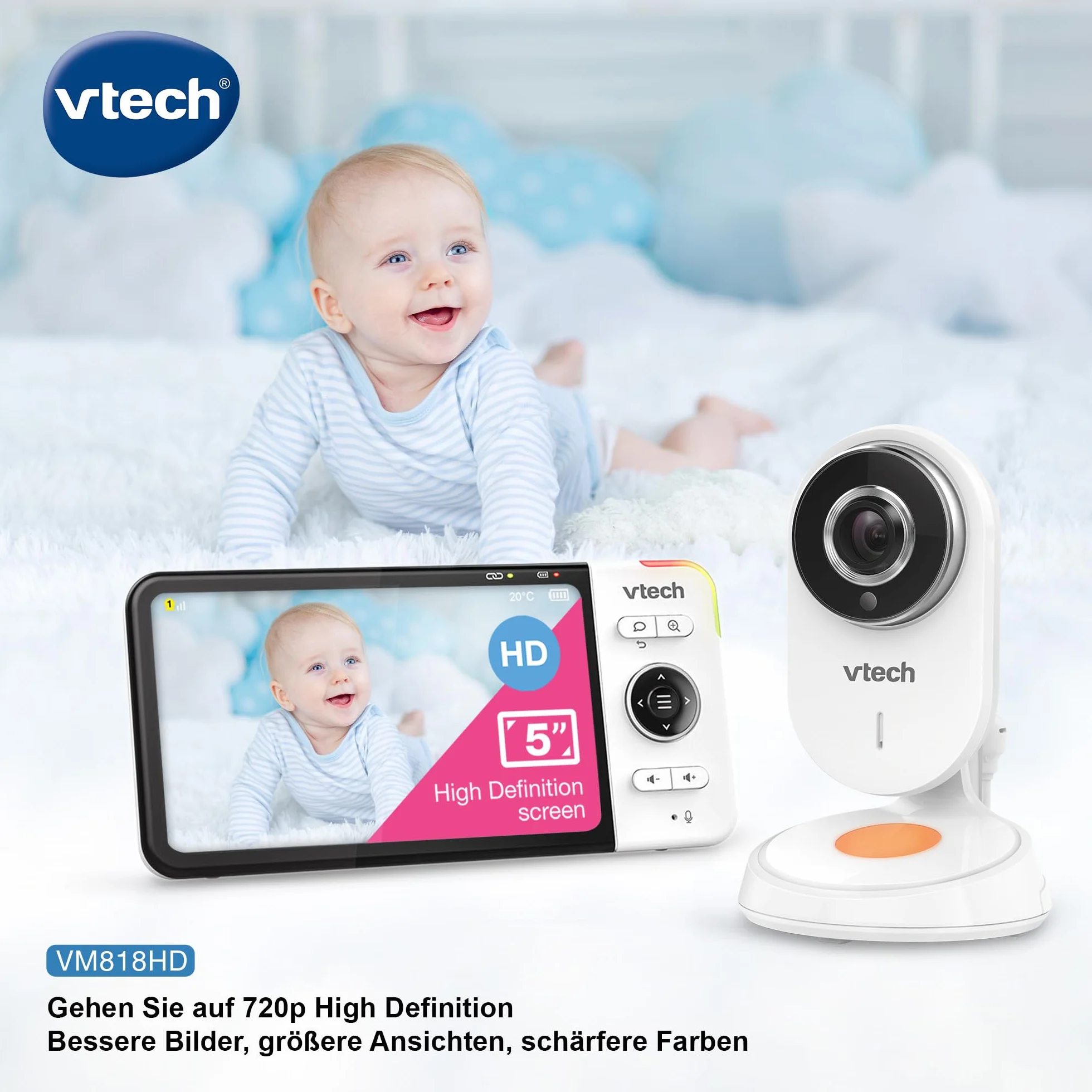 Vtech VM818 HD Moniteur bébé - Babyphone vidéo avec caméra Grand Angle - Vidéo HD, Son Clair, écran Couleur LCD 5" et Fonction Vision Nocturne - avec Fonction interphone, berceuses et Sons