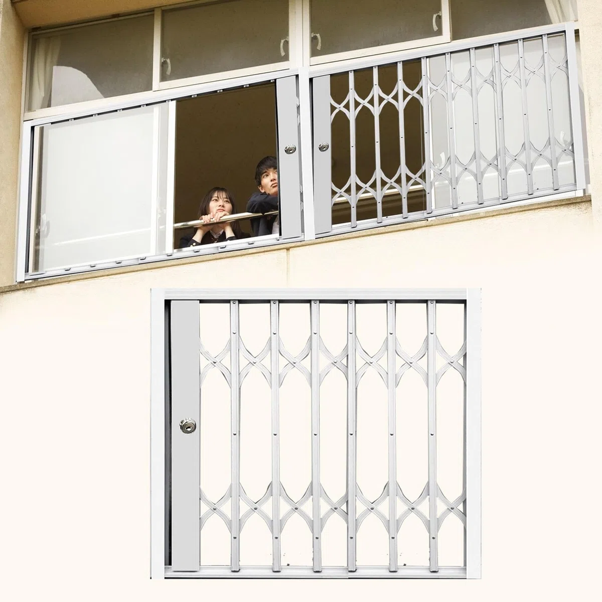 Barres de fenêtre de sécurité pliables pour enfants, filet de sécurité extensible résistant aux ouragans, clôture de fenêtre extérieure, solutions de sécurité polyvalentes pour enfants.