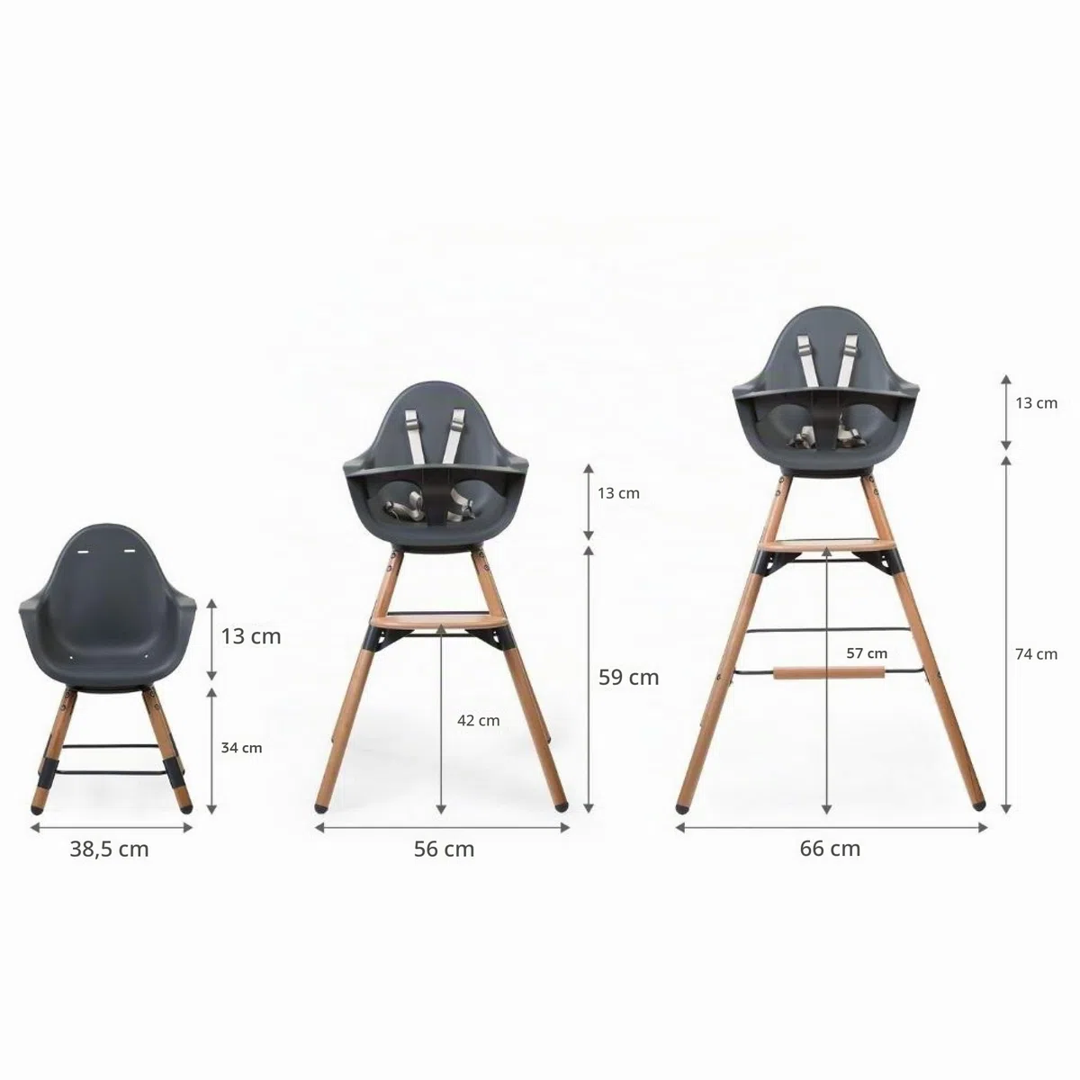 CHILDHOME, Chaise Haute Bébé/Enfant, Evolutive, Dès 6 mois, Réglable en Hauteur, Harnais 5 Points, Nombreux Accessoires, Compatible avec Transat Naissance Evolu, Bois de Hêtre, Evolu 2, Anthracite