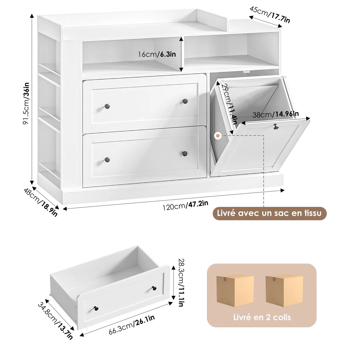 FOREHILL Table à Langer avec Panier à Linge, Commode a Langer Bebe, 120 cm