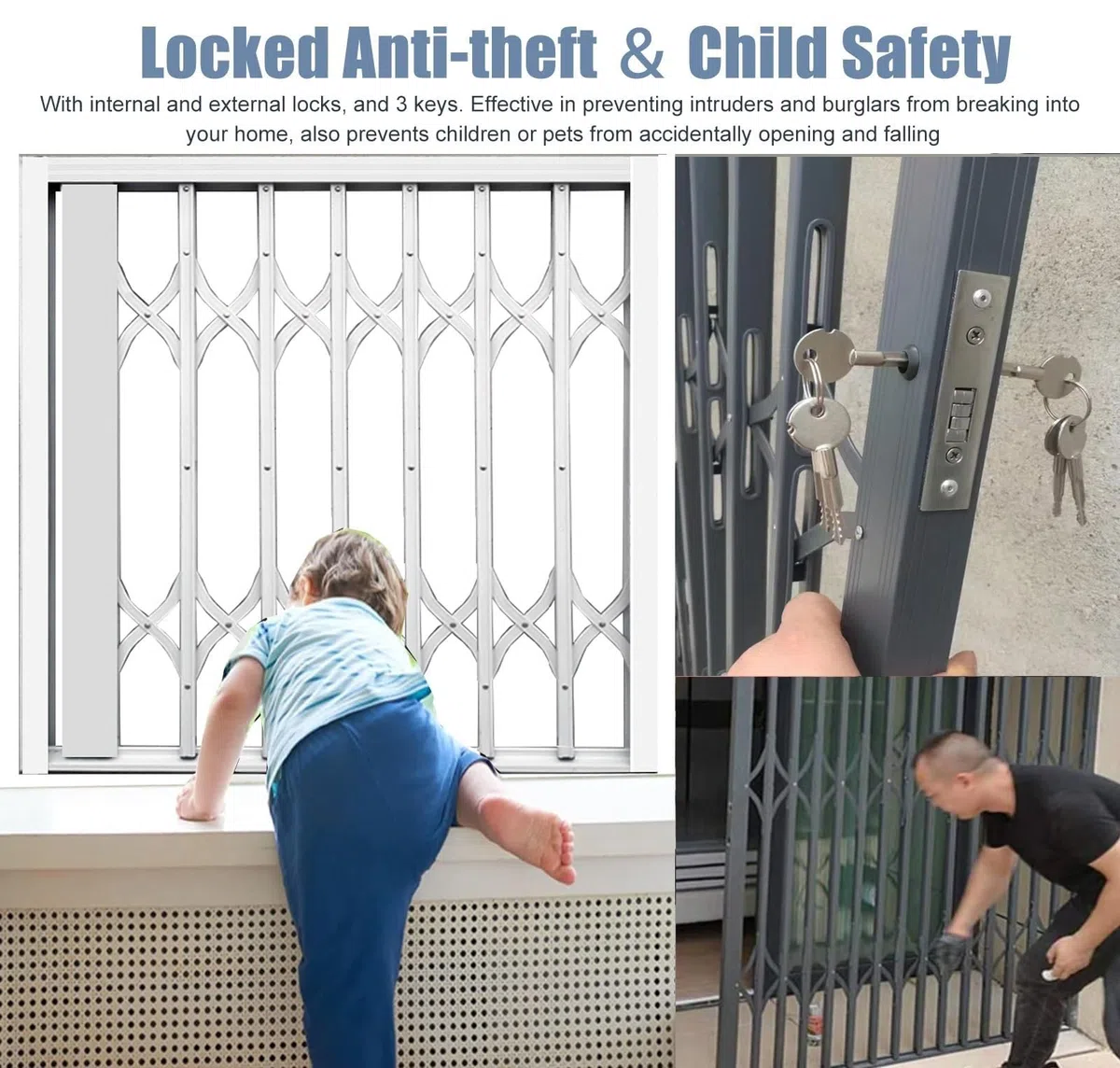 Barres de sécurité réglables en aluminium avec verrou pour enfants : barrière de fenêtre antivol extensible personnalisable (l 80 x H 160 cm)