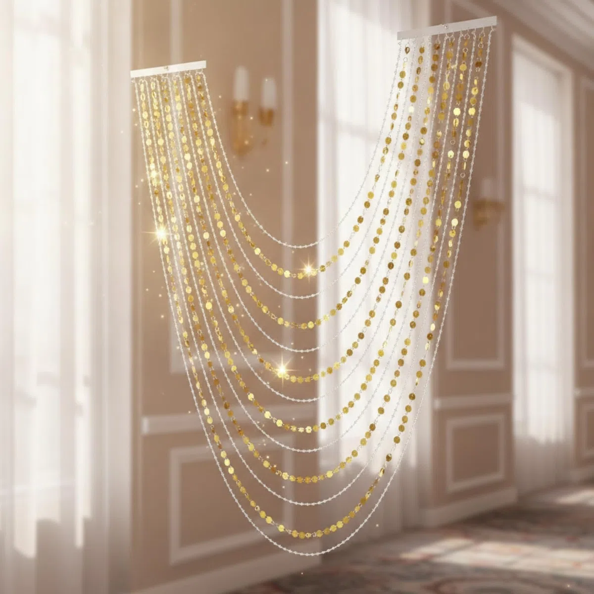 MERIGLARE Rideau de Plafond Événement Panneau, Hauteur Maximale 1,5 Mètre, Largeur Réglable, Perles De Terre + Paillettes Argentées