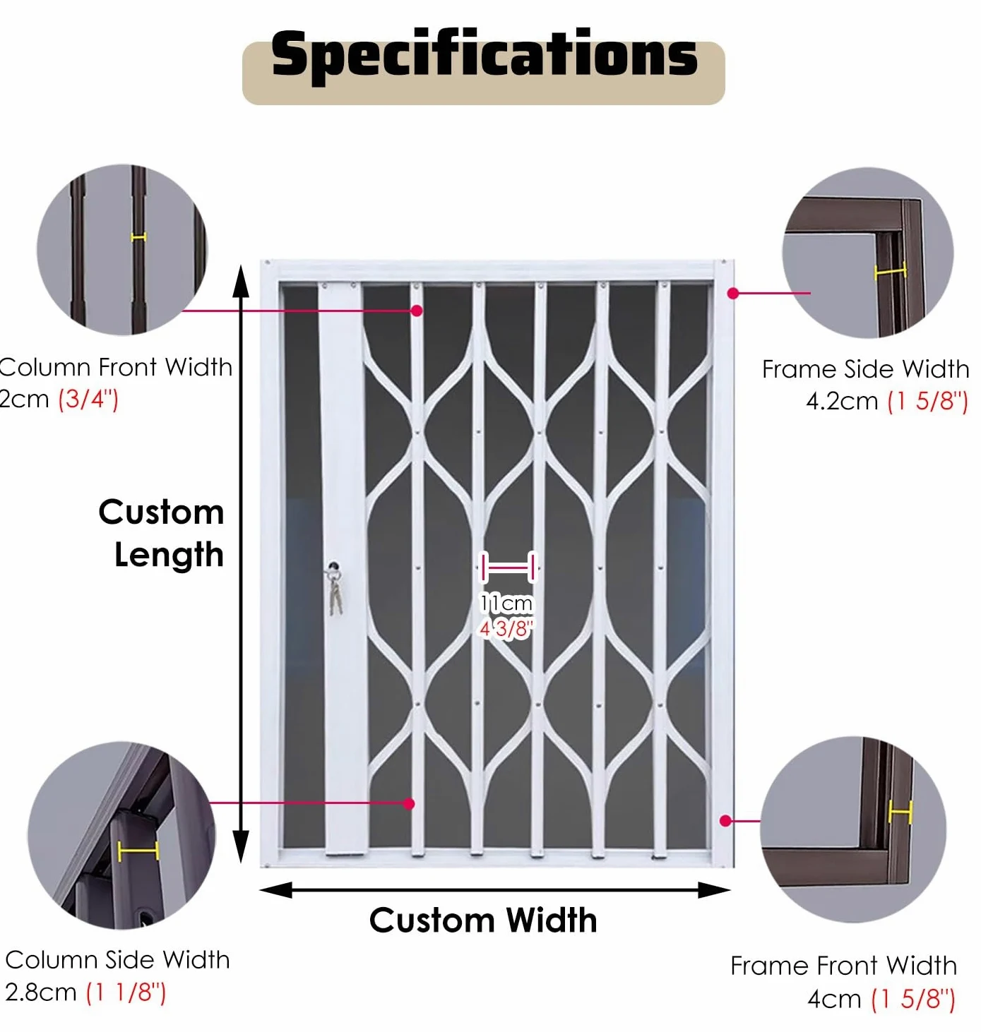 Barres de sécurité blanches pour fenêtre de protection contre les effractions, prévention des chutes, porte d'entrée en aluminium, 40x64in / 102 x 163 cm, sécurité et durabilité pour la sécurité à la
