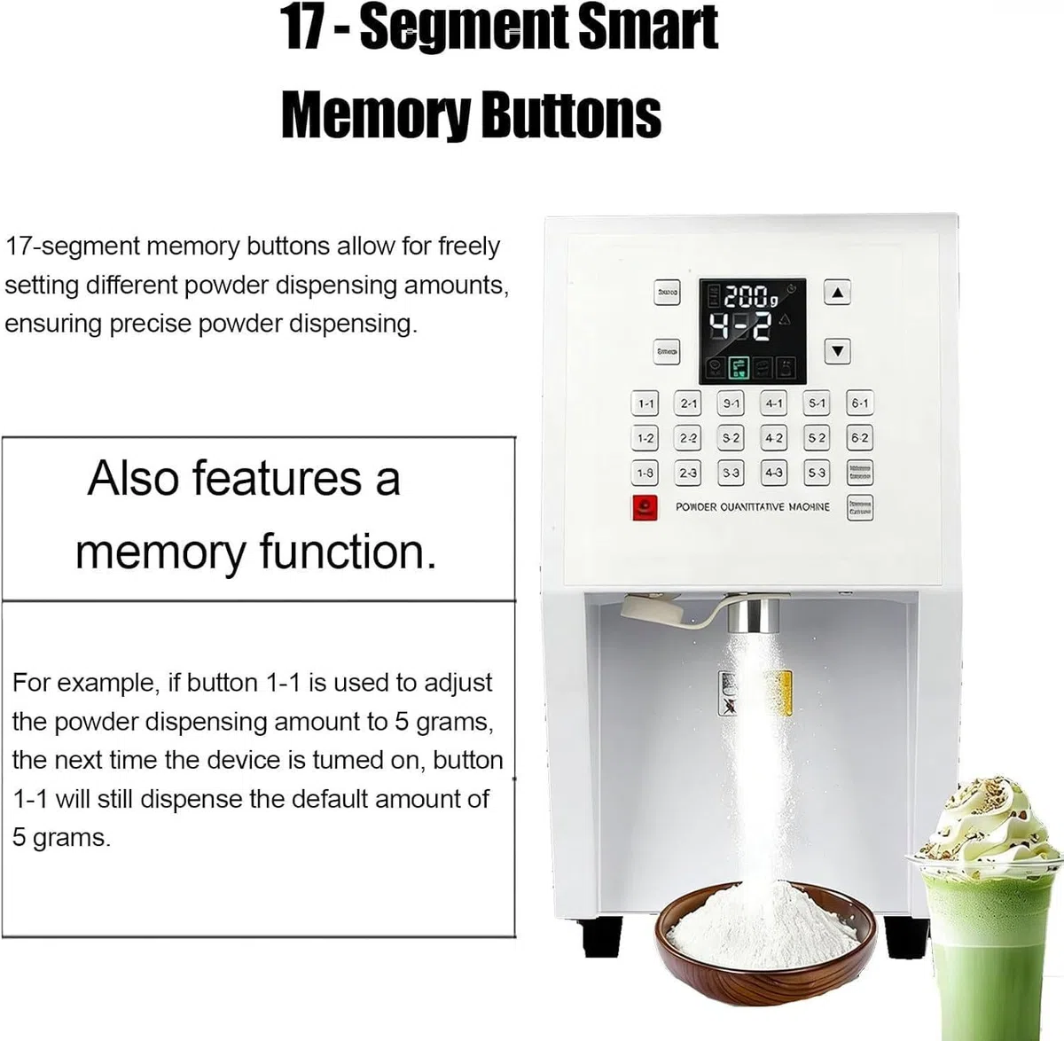 Qiang Distributeur Automatique De Poudre Commercial 3,5l en Acier Inoxydable,17 Boutons Mémoire Intelligents,Doseur Précis pour Poudre De Fruits,Fructose,Sucre,Cacao Et Crème