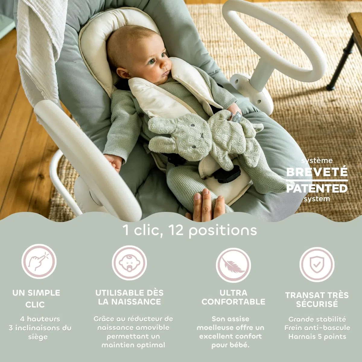 BÉABA, Transat Up & Down, Réglable 4 Hauteurs, 3 Inclinaisons, Vert de gris