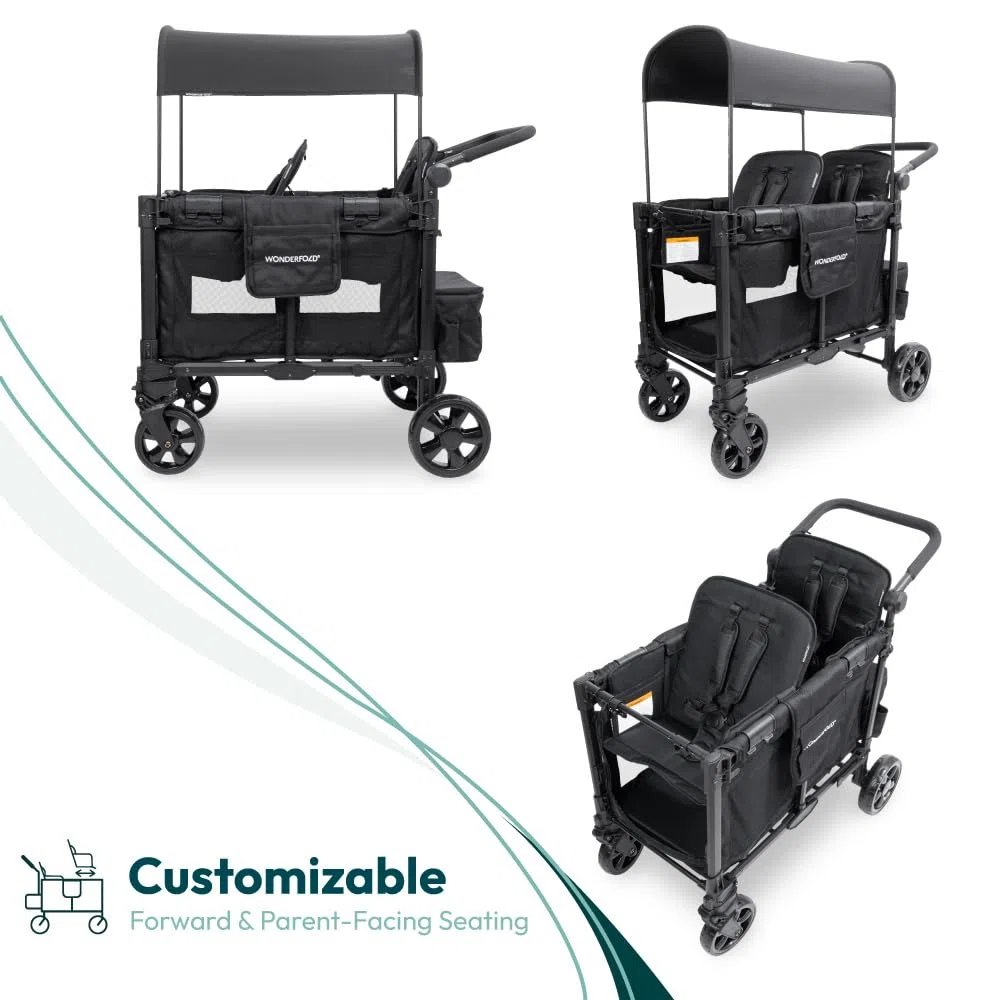 WONDERFOLD W2 Elite Pro Poussette (2 places) – Poussette pliable avec sièges avec harnais à 5 points, poignée de poussée réglable et pare-soleil réglable, noir de jais