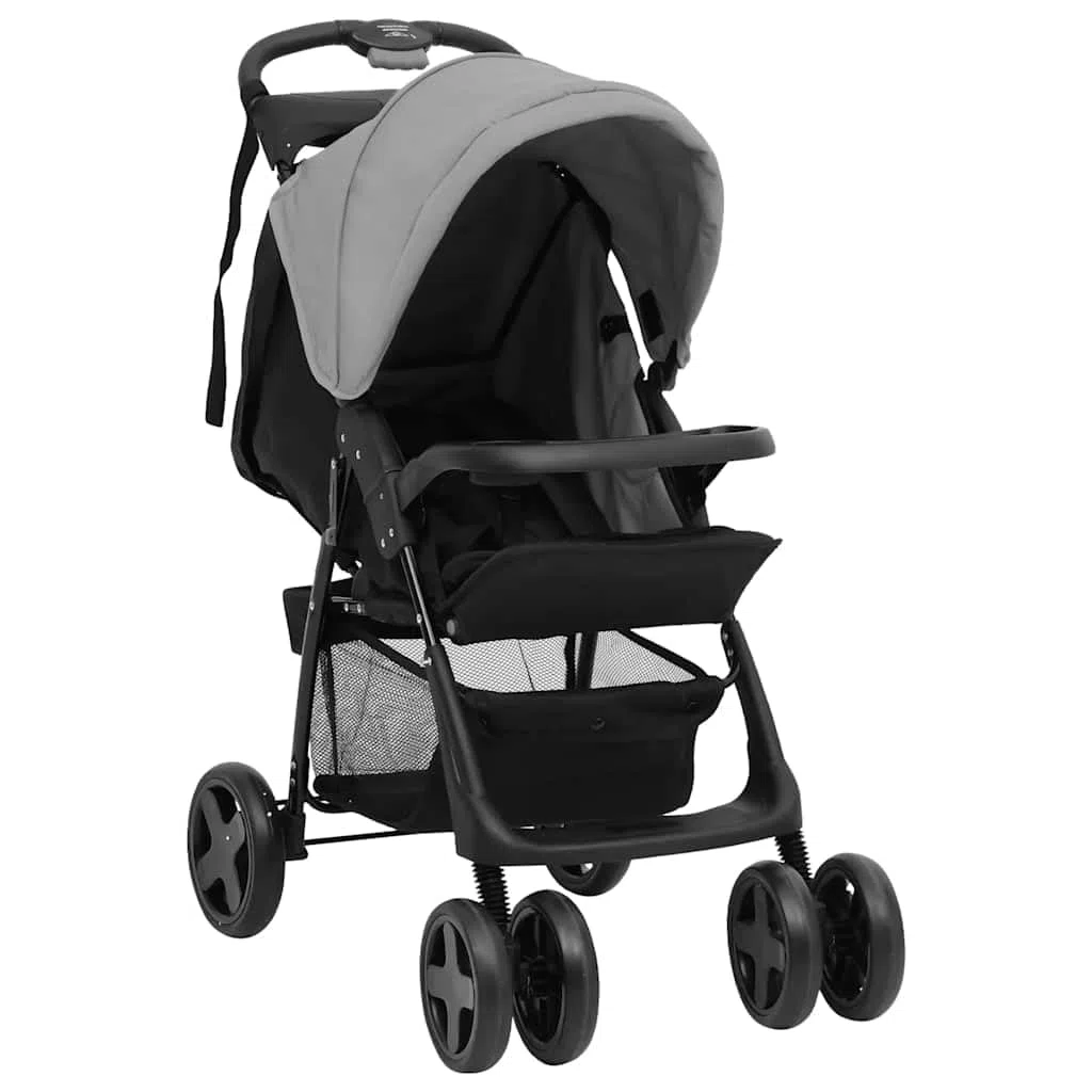 Poussette 2 en 1 gris clair noir acier avec fonction allongée et capote réglable, pliable, légère, compacte avec panier pour la marche, les voyages, la ville et le terrain