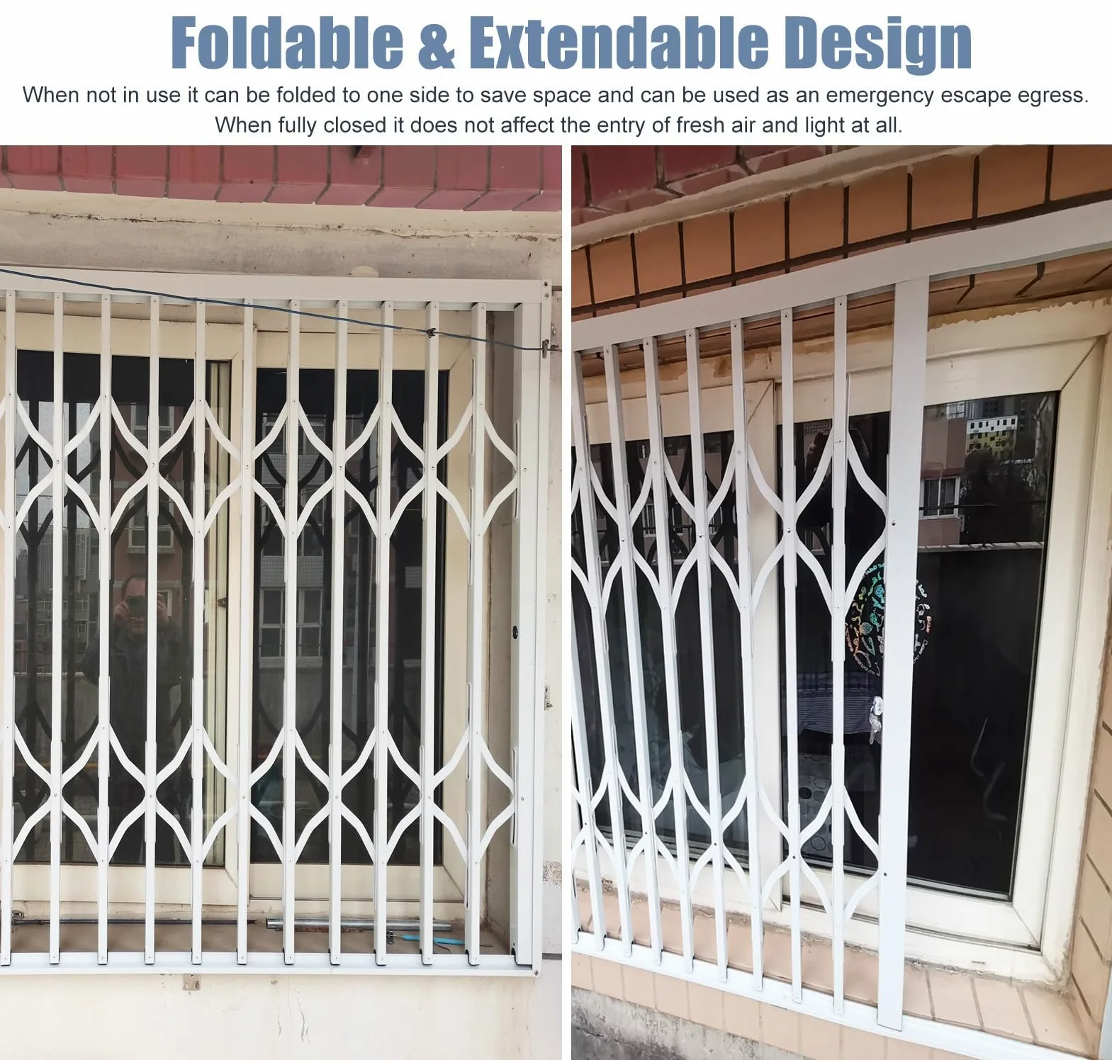 Barres de sécurité et grilles de sécurité pour porte coulissante – Garde-fenêtre verrouillables pour la sécurité de la maison et du bureau 60 x 200 cm – Design pliable – Protection intérieure et