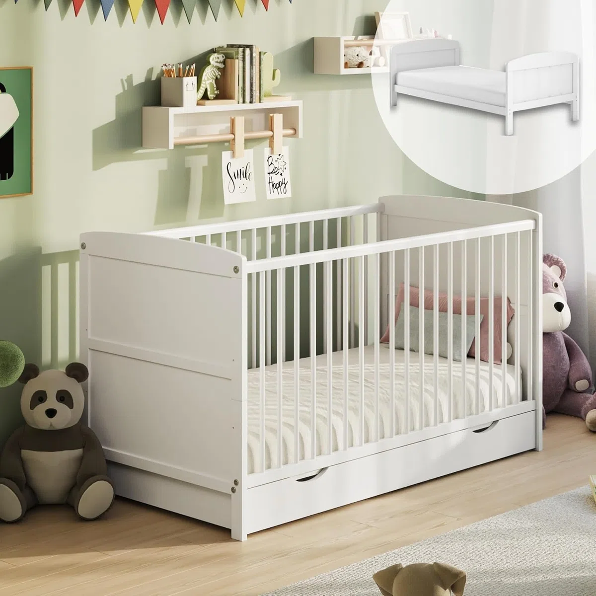 Lit bébé 70 x 140 cm convertible avec tiroir et matelas, lit à barreaux, lit d'enfant, hauteur réglable et échelons amovibles | Autres dimensions : 60 x 120 cm | 70 x 140 cm : de la naissance à 6 ans