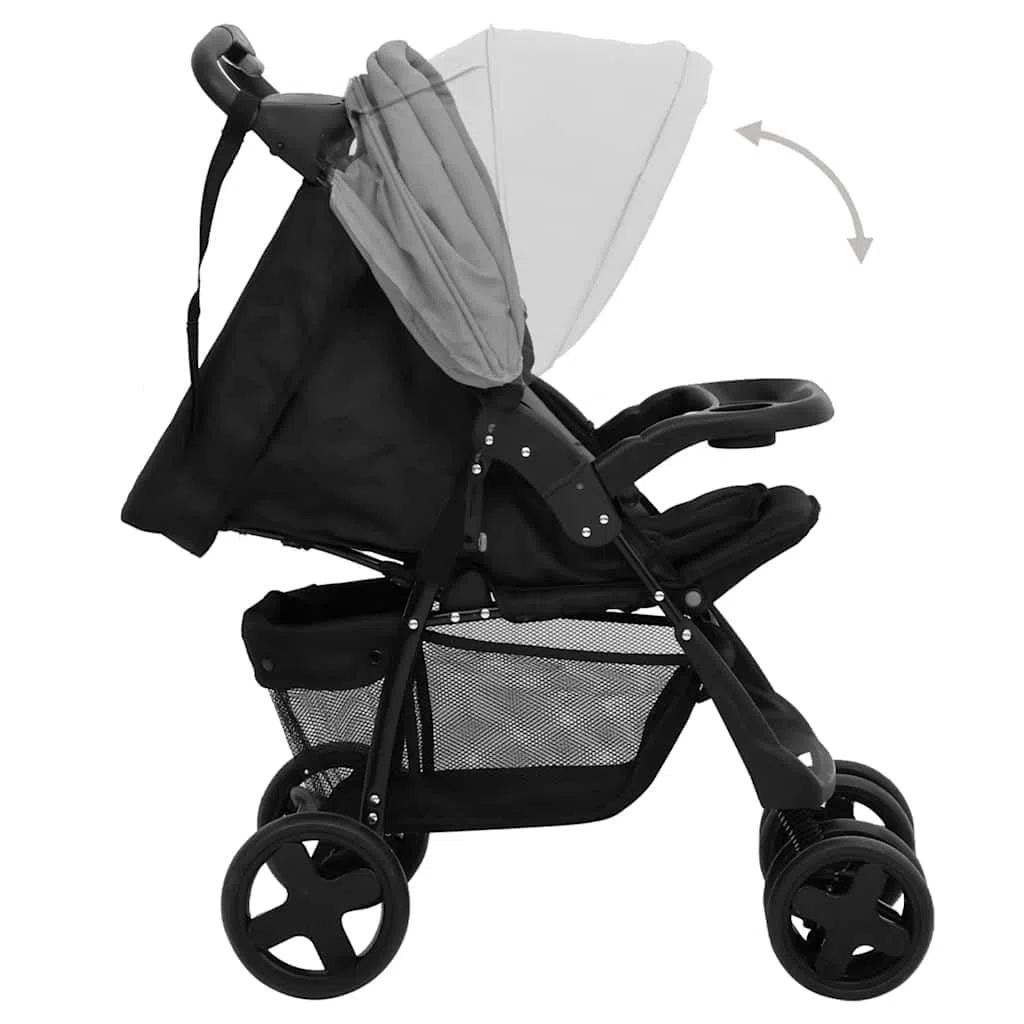 Poussette 2 en 1 gris clair noir acier avec fonction allongée et capote réglable, pliable, légère, compacte avec panier pour la marche, les voyages, la ville et le terrain