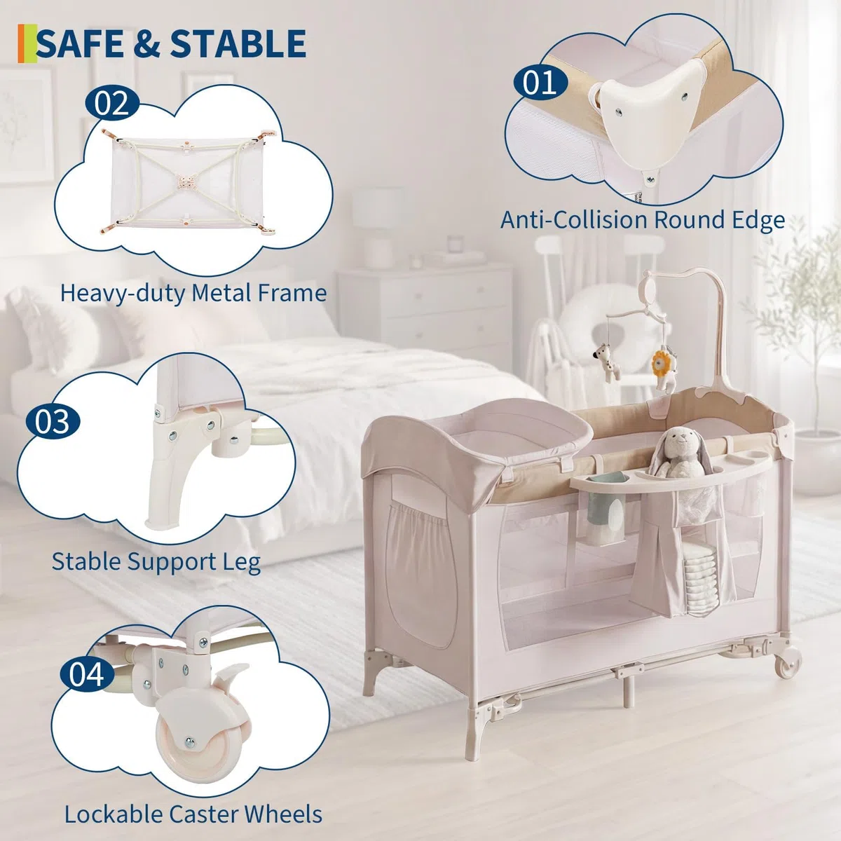 GarveeLife Lit bébé Multifonction 5-en-1 Pliable – Parc bébé avec Matelas, Table à Langer, Berceau cododo réglable, Mobile Musical, Deux Niveaux, Sac de Transport – Coloris Kaki européen à