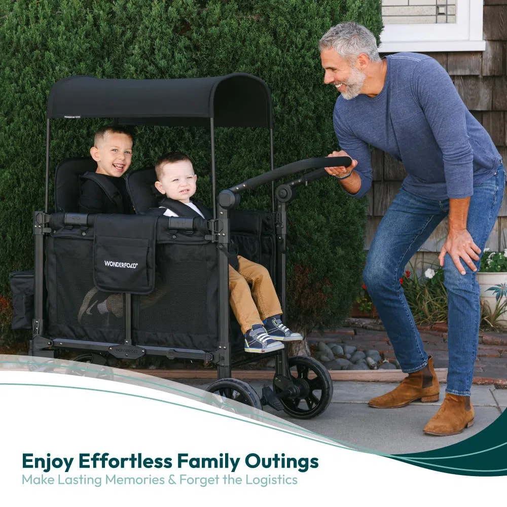 WONDERFOLD W2 Elite Pro Poussette (2 places) – Poussette pliable avec sièges avec harnais à 5 points, poignée de poussée réglable et pare-soleil réglable, noir de jais