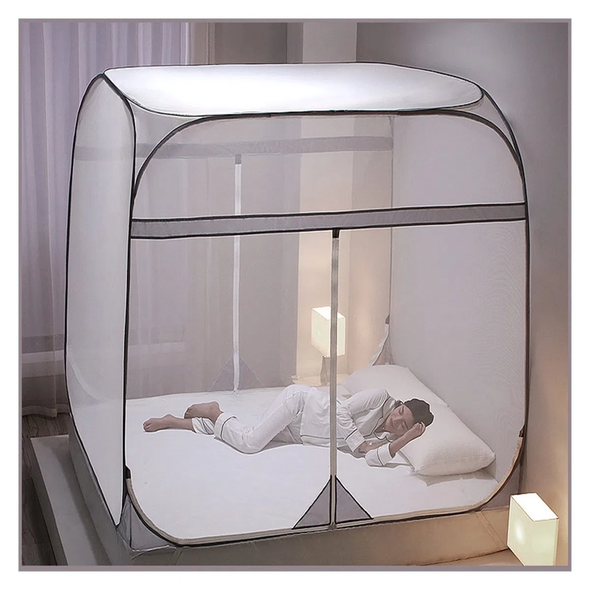 Baldaquin de lit carré 4 Coins Filet élégant moustiquaire Tente de Jeu décoration de Chambre Fermeture à glissière Filet de lit baldaquin literie (Couleur : Gris, Taille : 1,8 m)