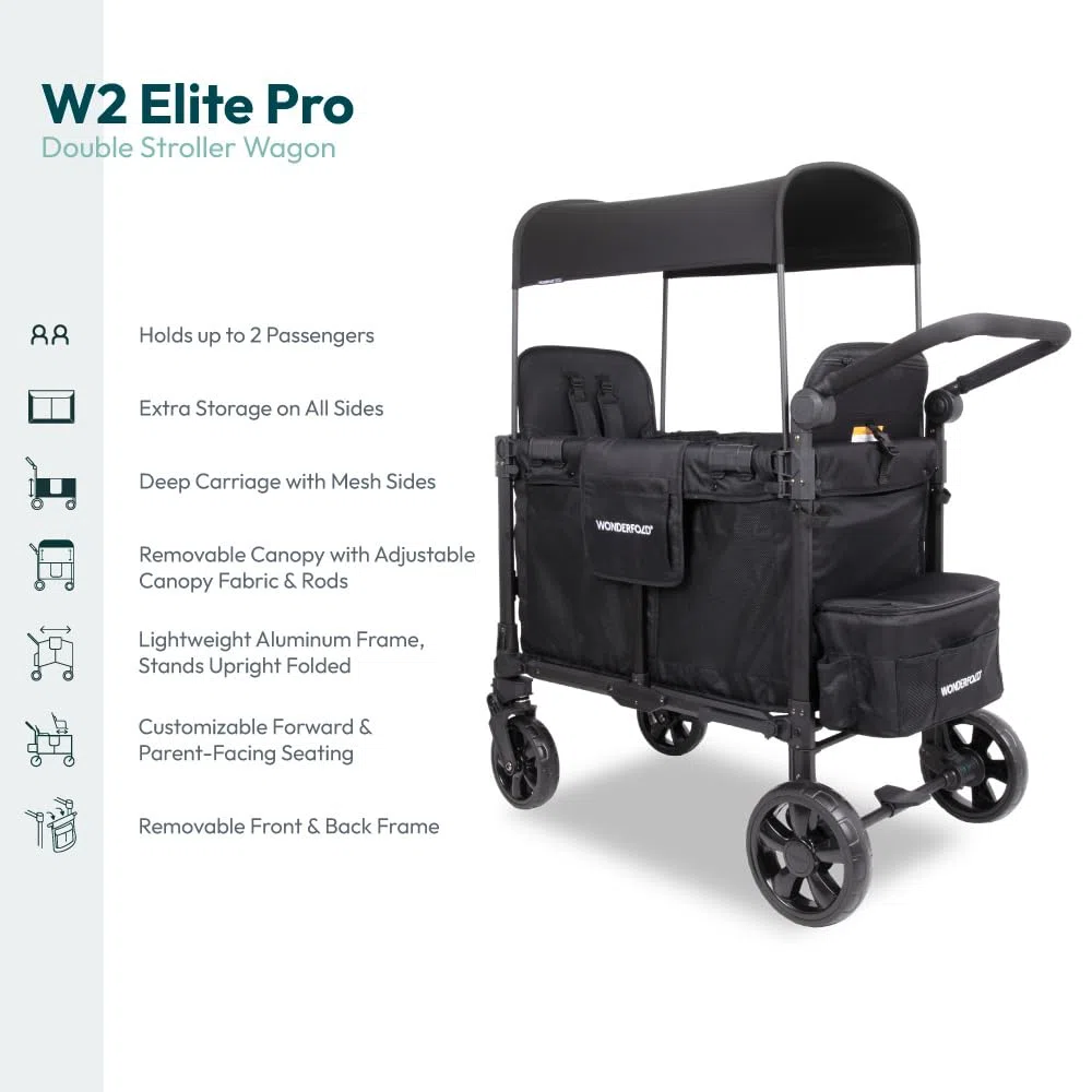 WONDERFOLD W2 Elite Pro Poussette (2 places) – Poussette pliable avec sièges avec harnais à 5 points, poignée de poussée réglable et pare-soleil réglable, noir de jais